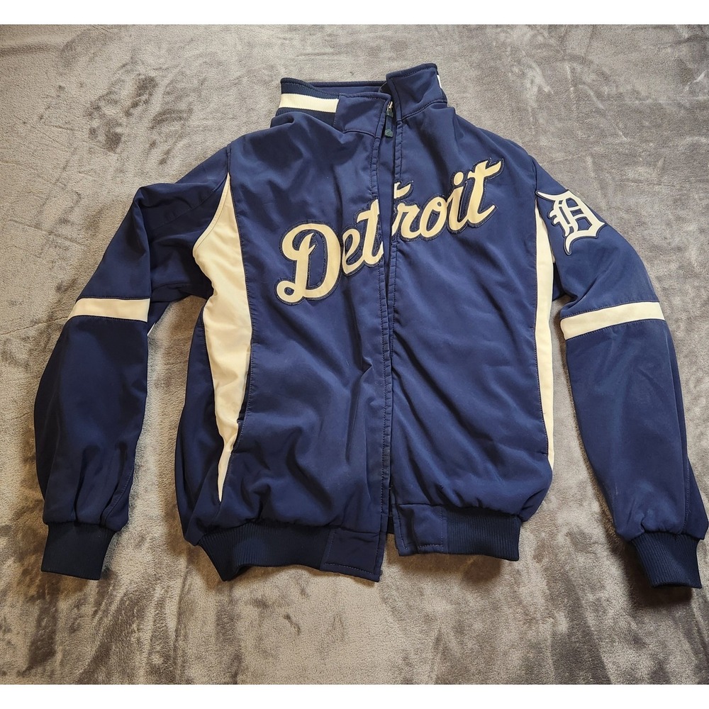 Detroit Tigers Jacket Mens Large Blue Therma Base Dugout MLB Majestic VTG